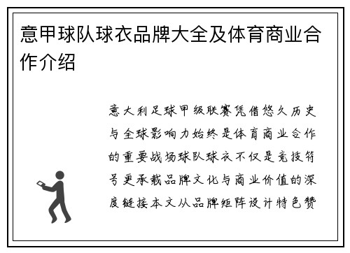 意甲球队球衣品牌大全及体育商业合作介绍
